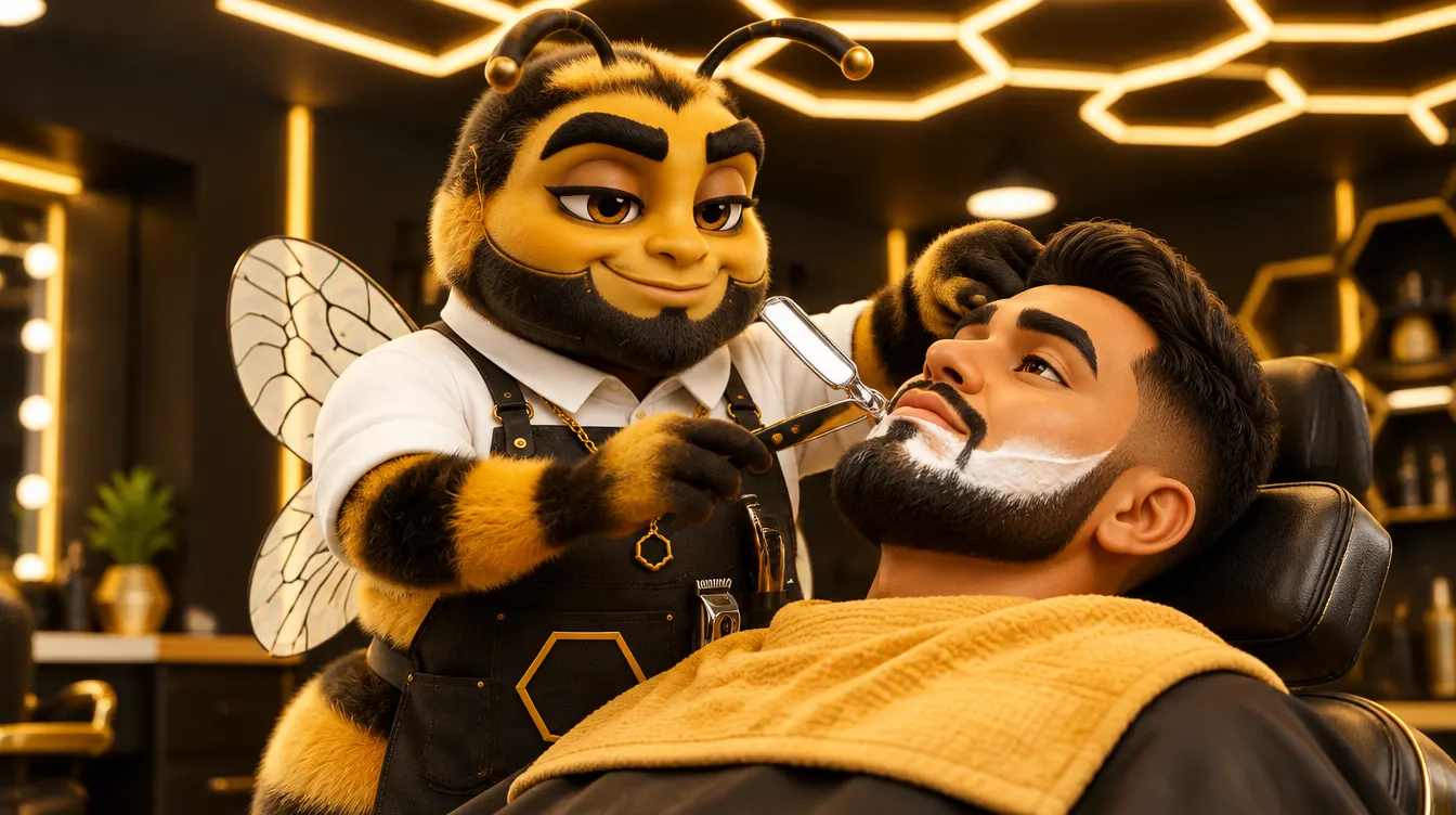 Barber Bee perfilando una barba con navaja en Houston Bee Barber Shop, Sharpstown